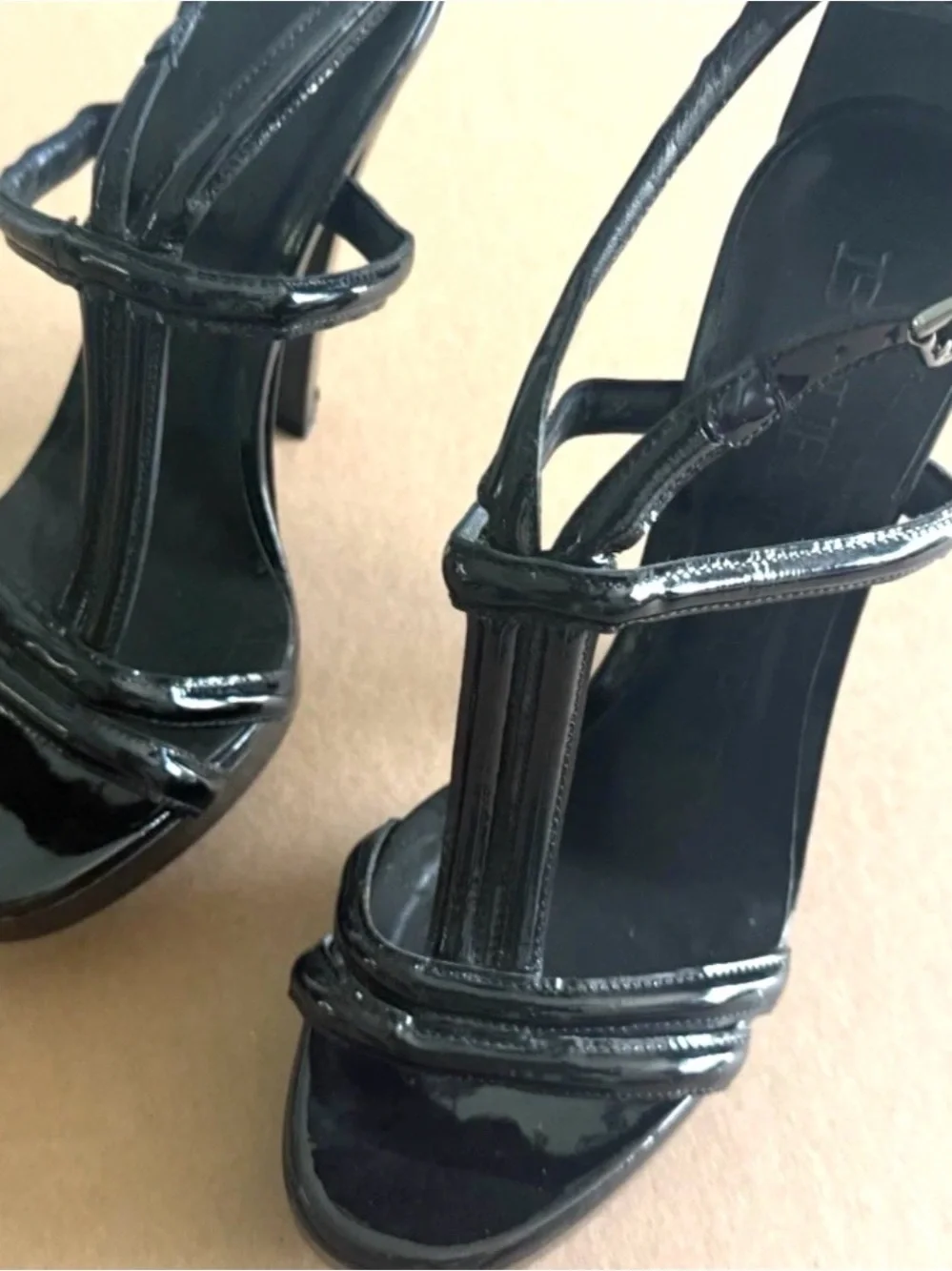 BURBERRY GLOSSY PLATFORM PUMPS HEELS SANDALS Sz 38.5 US 8.5 Black Made In Italy